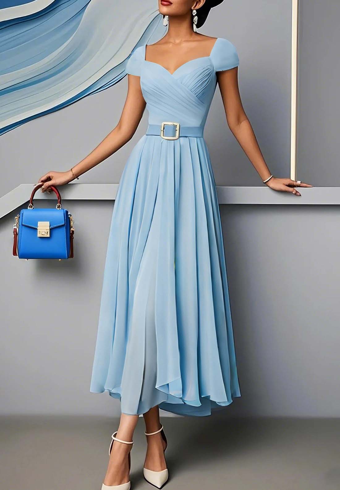 Light Blue Pleated Ruched Sweetheart Neckline A-Line Maxi Chiffon Dress