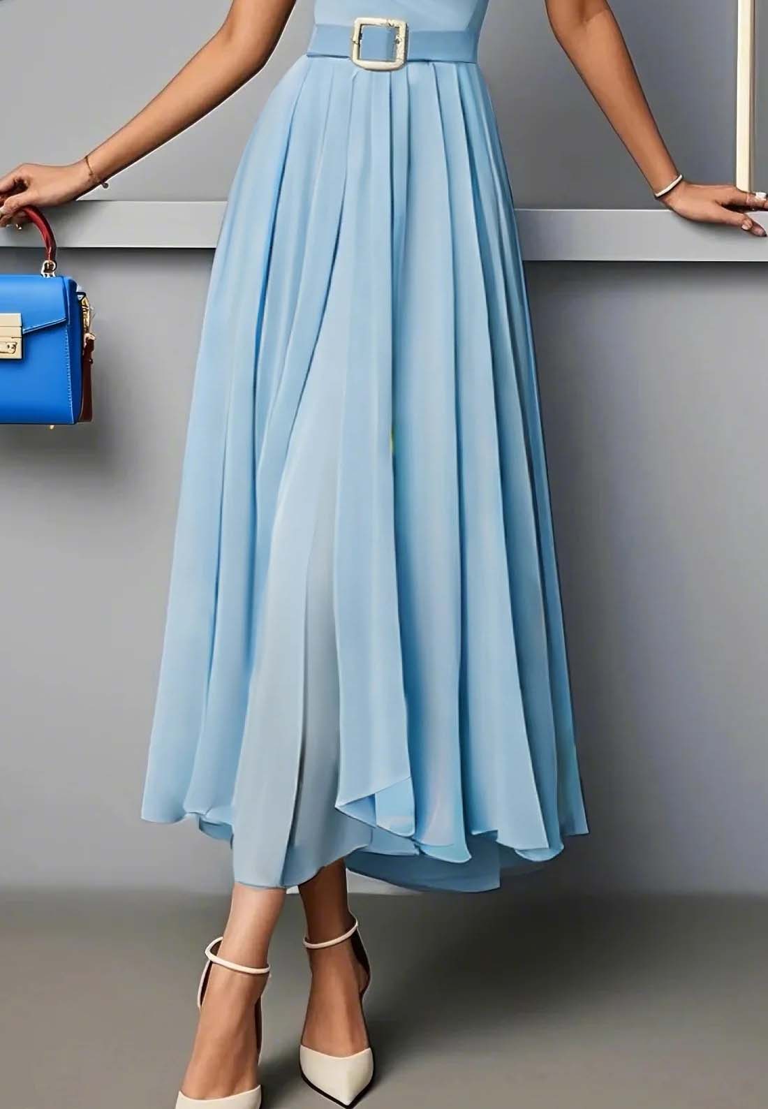 Light Blue Pleated Ruched Sweetheart Neckline A-Line Maxi Chiffon Dress