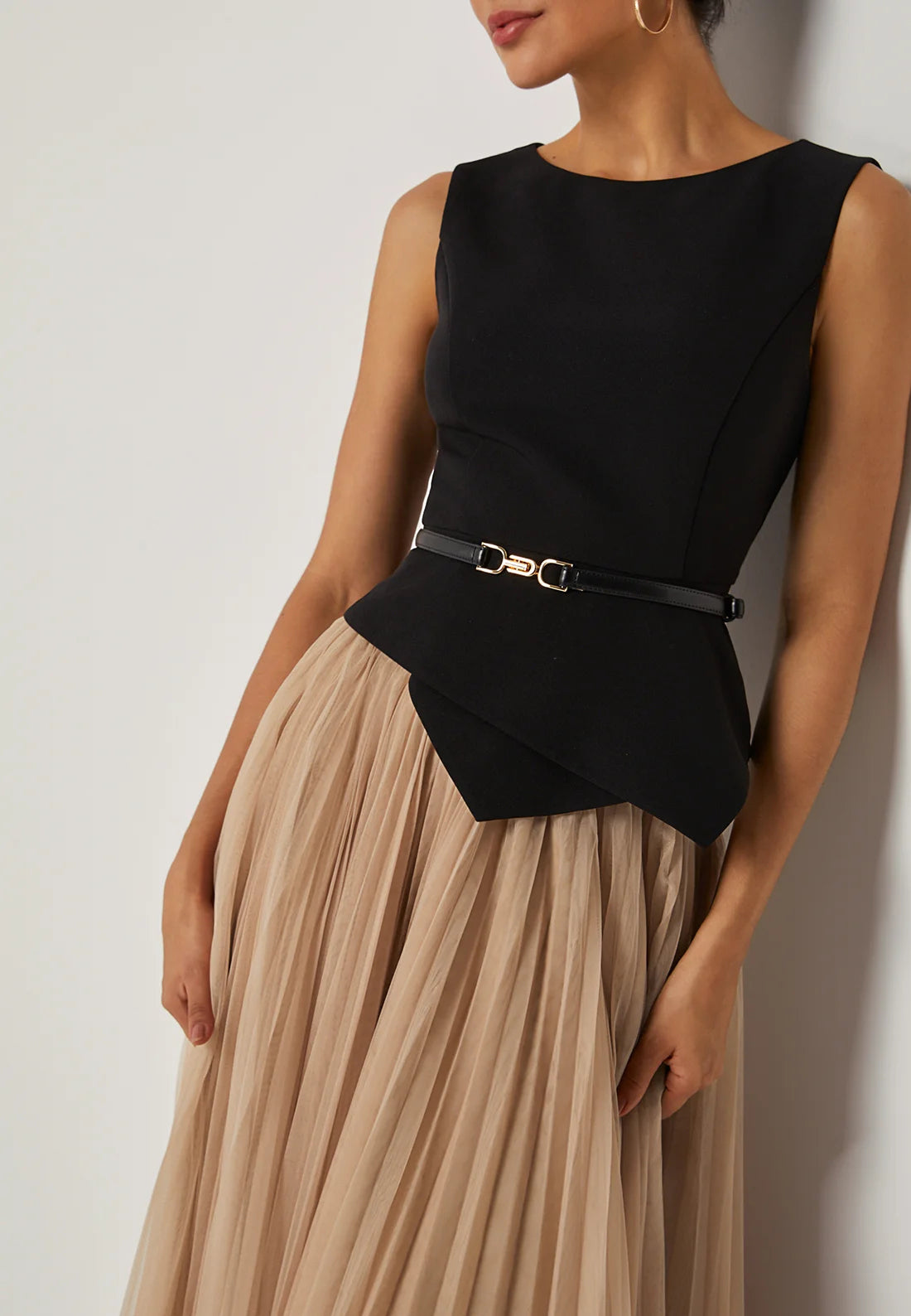 Asymmetrical Boat Neck Top with Skirt Two-Piece Set With Belt