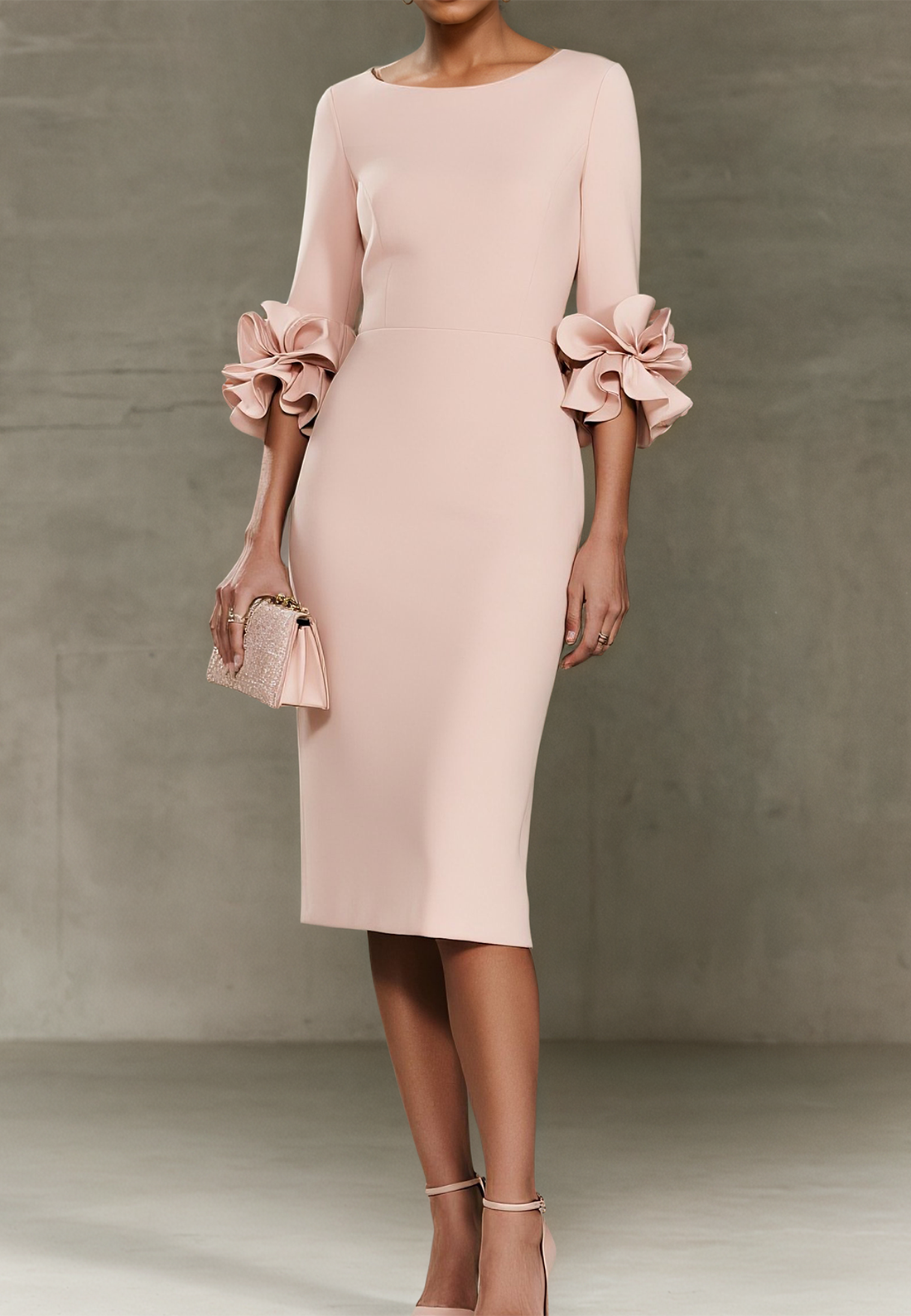 Light Pink 3D Floral Classic Crew Neck Half Sleeve Sheath Midi Dress