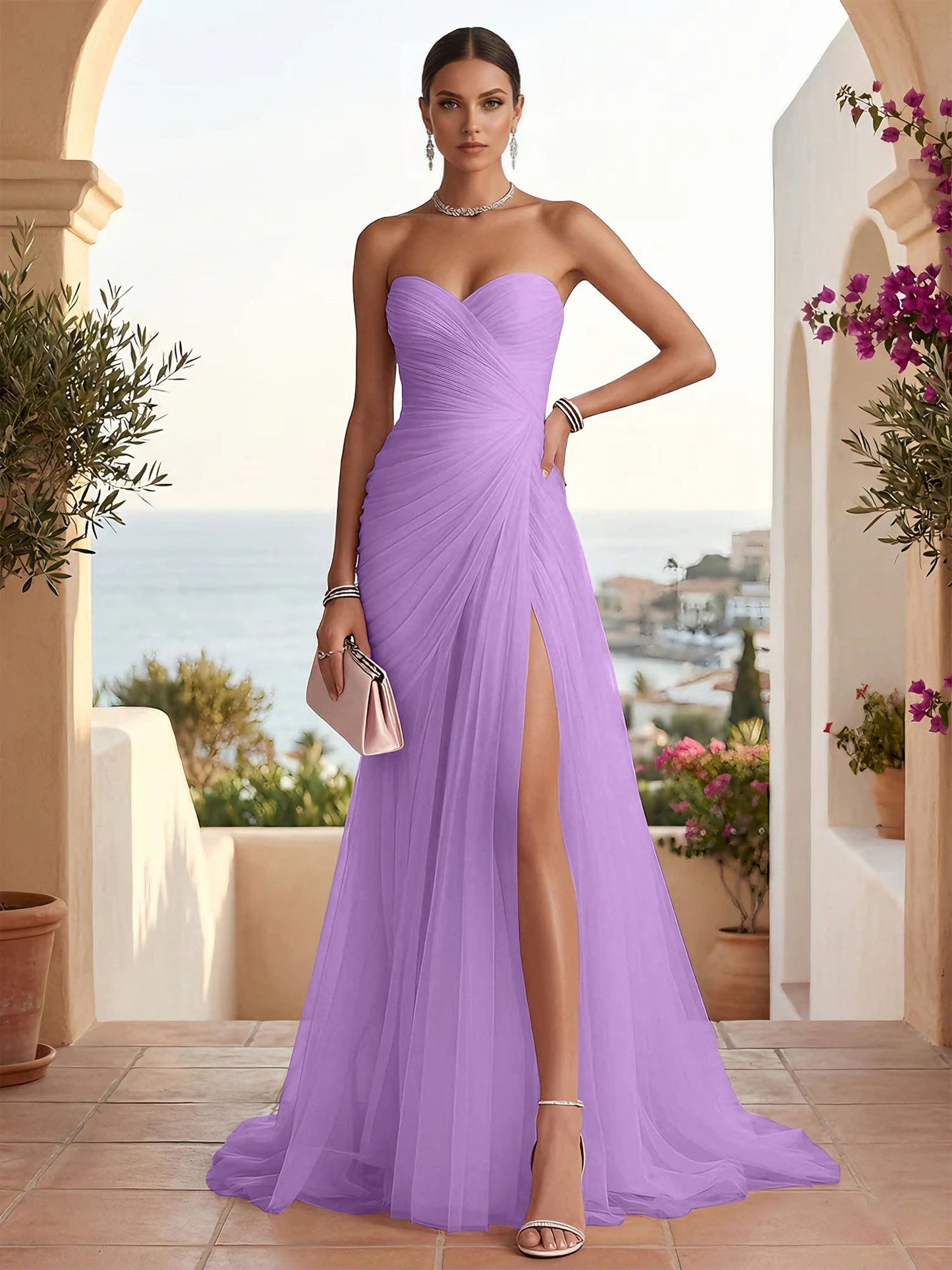 Strapless Sweetheart High Slit Tulle Pleat Prom Dress Evening Dresses