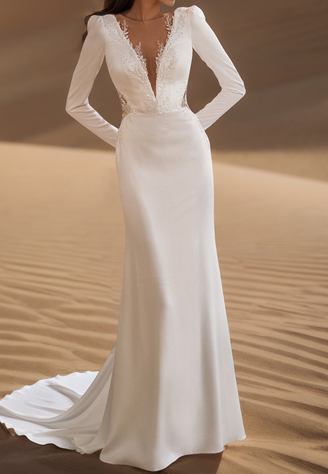 Low V-Neck Appliques Long Sleeves Sleek Mermaid Wedding Dress