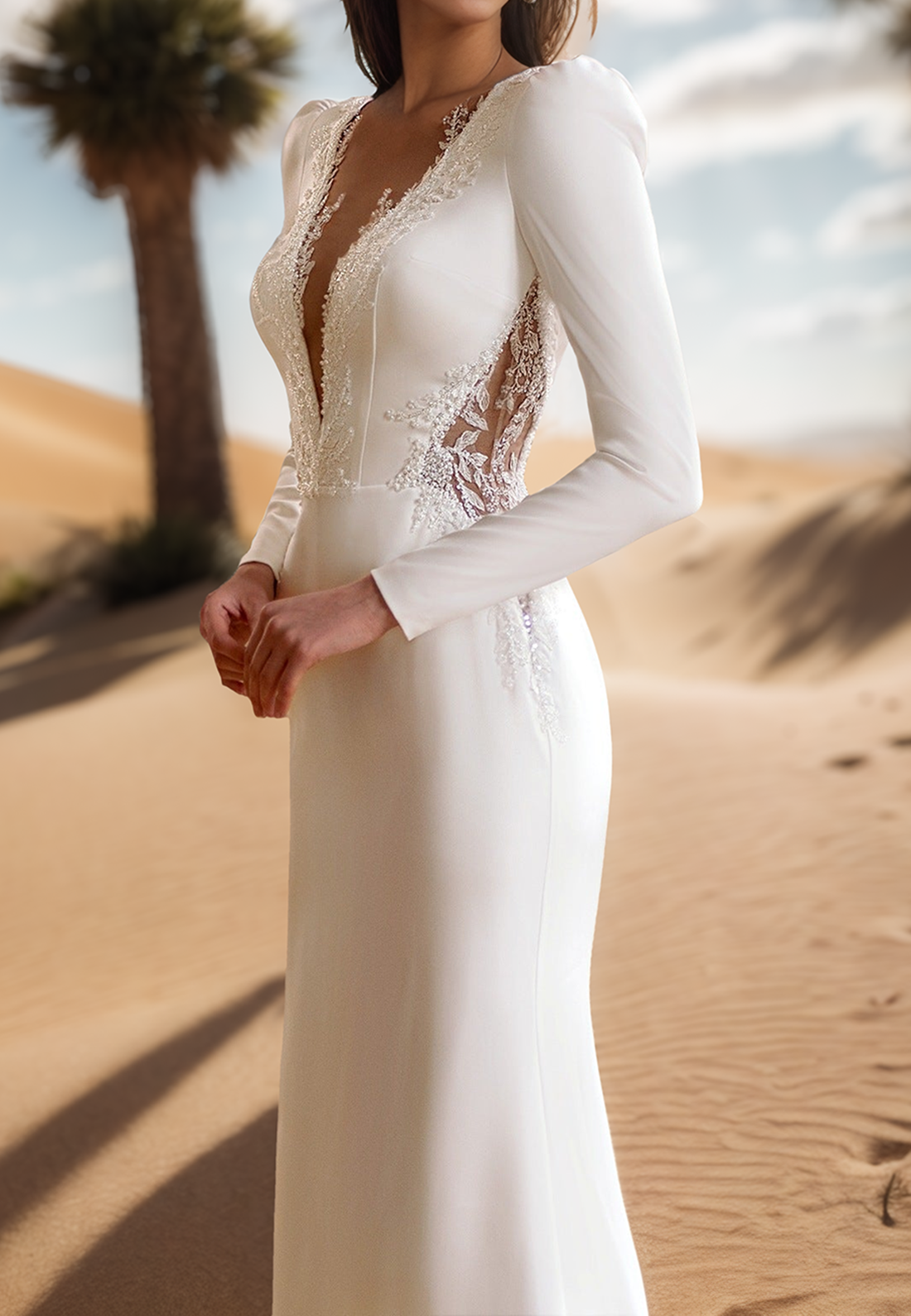 Low V-Neck Appliques Long Sleeves Sleek Mermaid Wedding Dress