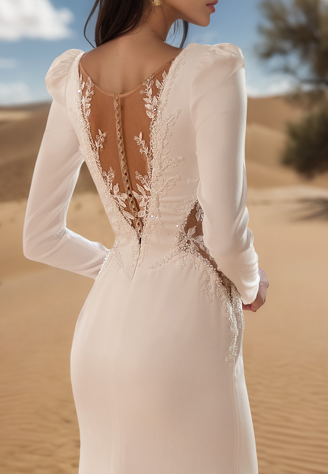 Low V-Neck Appliques Long Sleeves Sleek Mermaid Wedding Dress