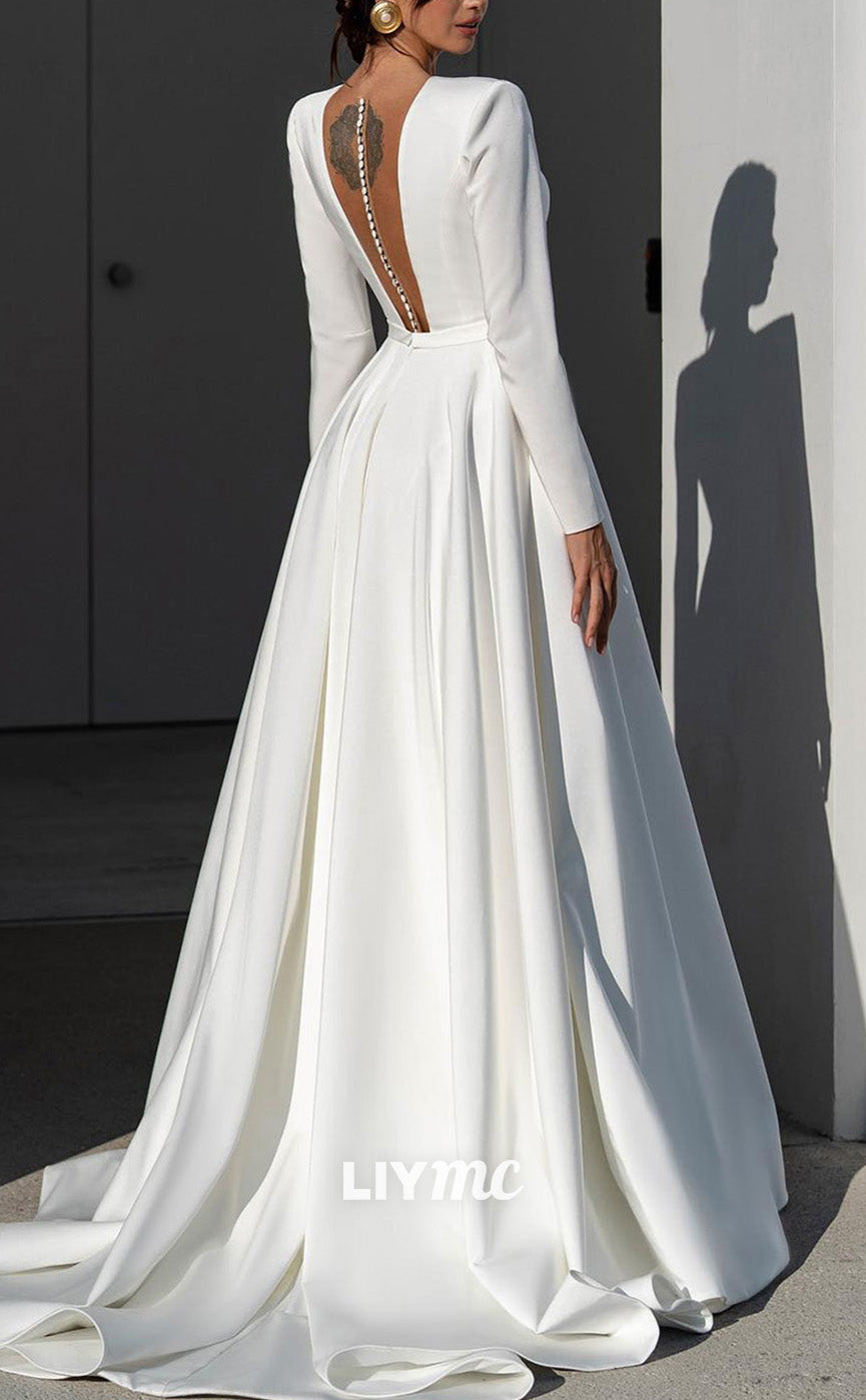 LW851 - Low V-Neck Long Sleeves Pleated Satin A-Line Wedding Dress