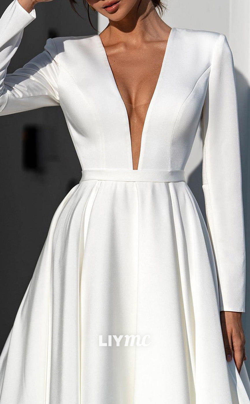 LW851 - Low V-Neck Long Sleeves Pleated Satin A-Line Wedding Dress