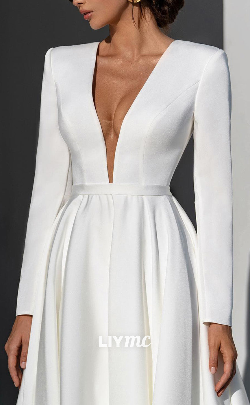 LW851 - Low V-Neck Long Sleeves Pleated Satin A-Line Wedding Dress