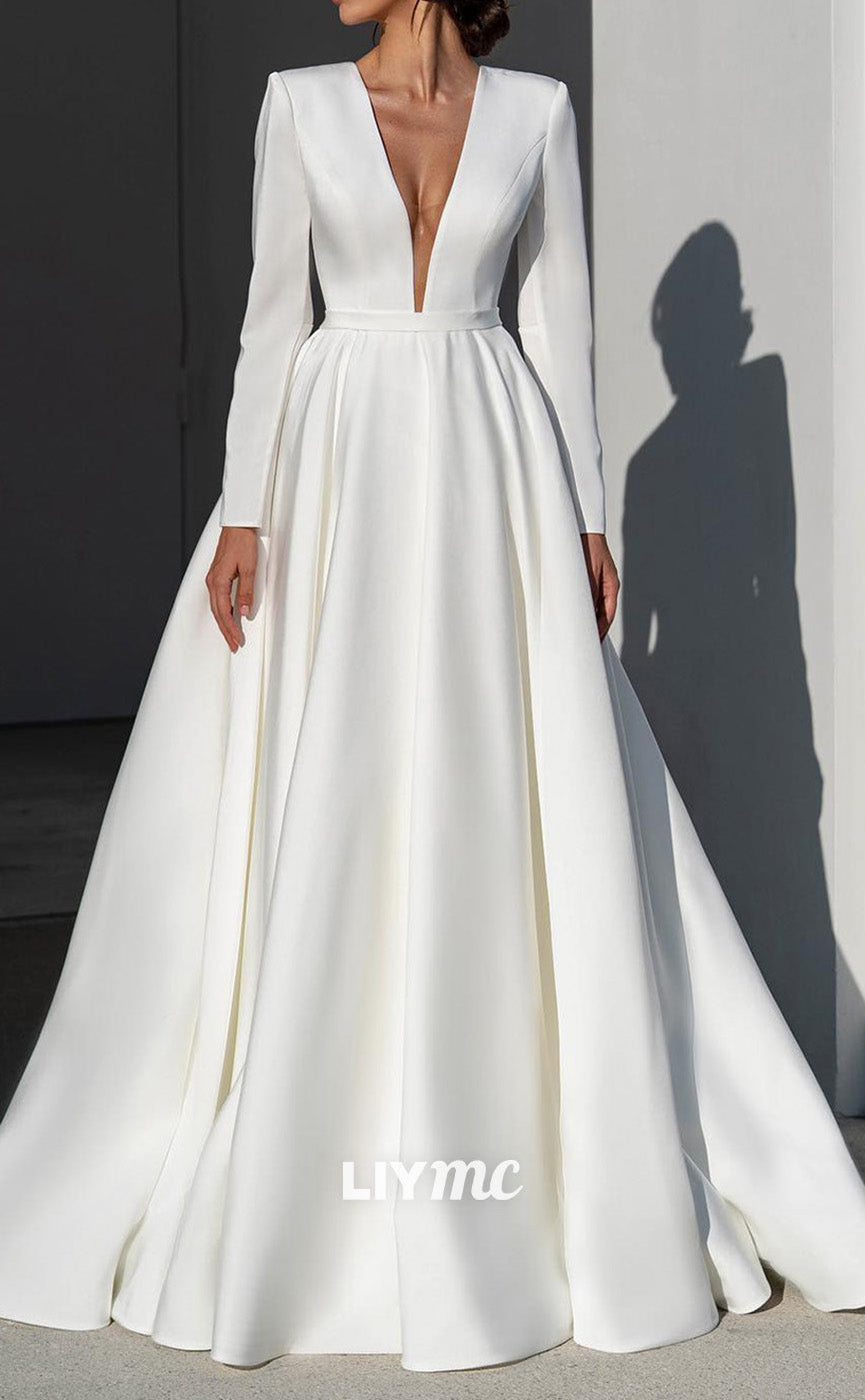 LW851 - Low V-Neck Long Sleeves Pleated Satin A-Line Wedding Dress