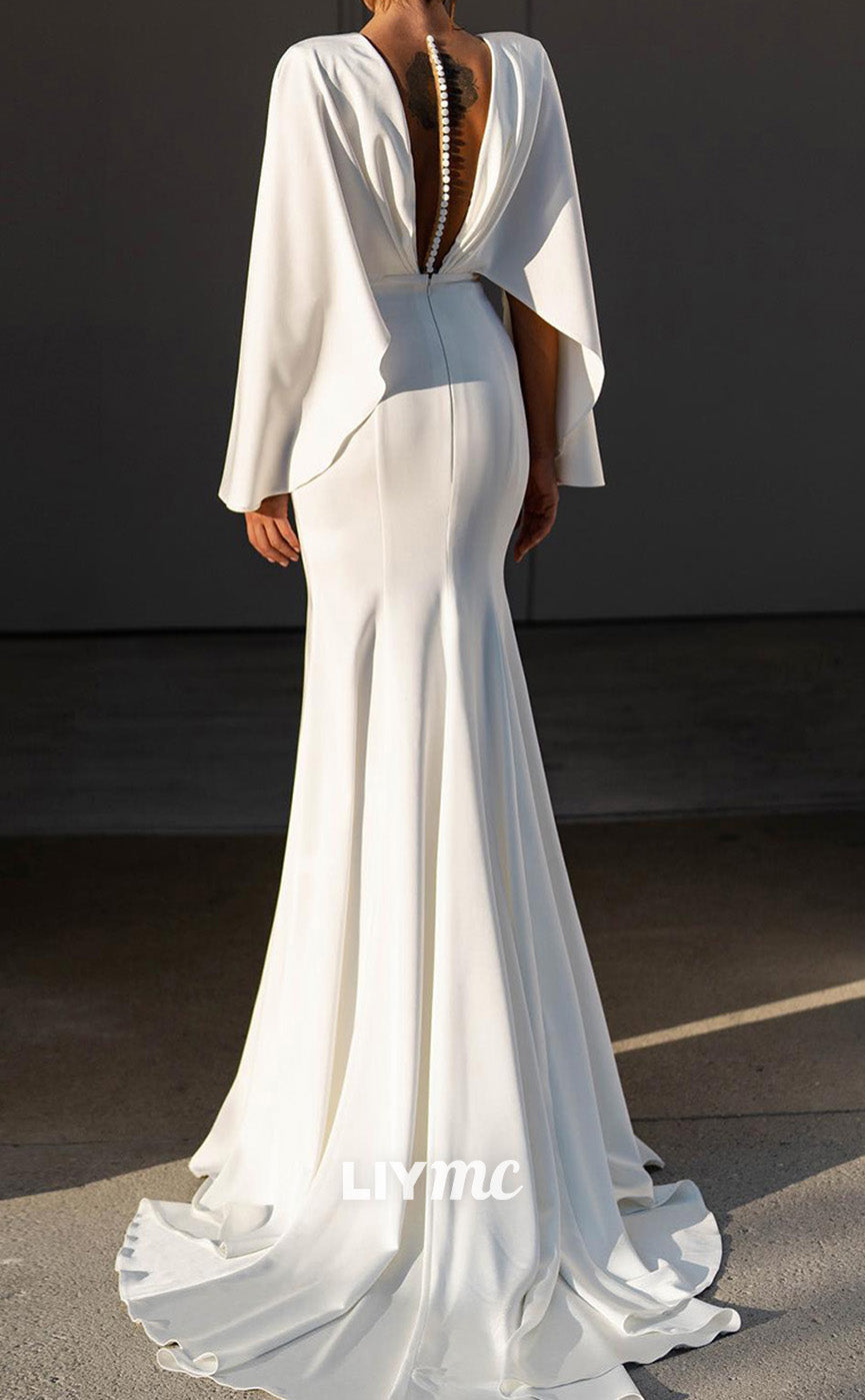 LW852 - Low V-Neck Long Sleeves Pleated Sleek Satin Mermaid Beach Wedding Dress