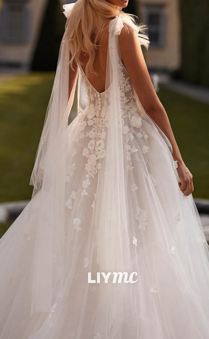 LW700 - Low V-Neck Sleeveless Floral Appliques Tulle A-Line Boho Wedding Dress