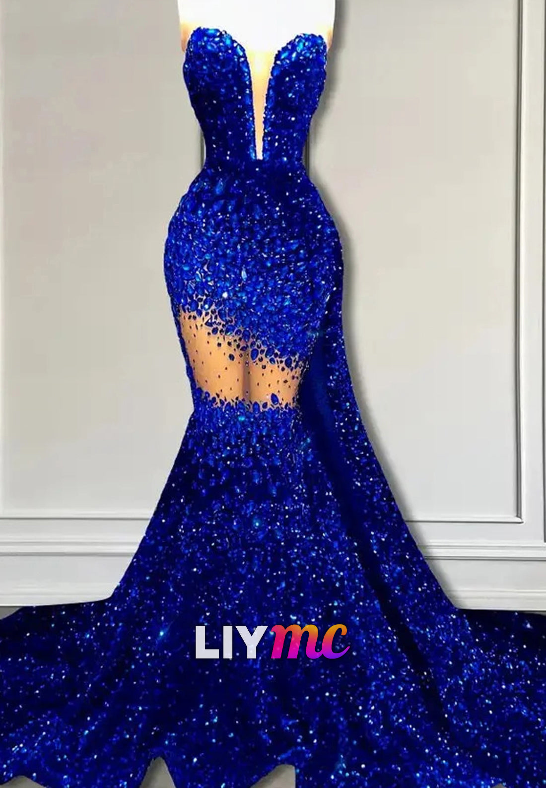 LP1440 - Drammatic Low V-Neck Sleeveless Beaded Sheer Sparkly Mermaid Prom Dress for Black Girls Slay