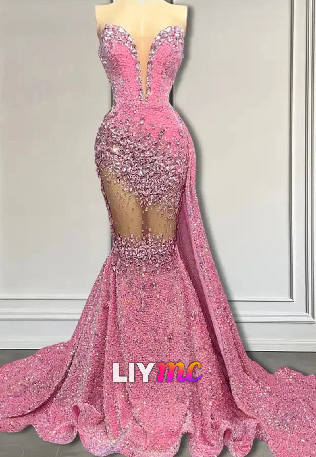 LP1440 - Drammatic Low V-Neck Sleeveless Beaded Sheer Sparkly Mermaid Prom Dress for Black Girls Slay