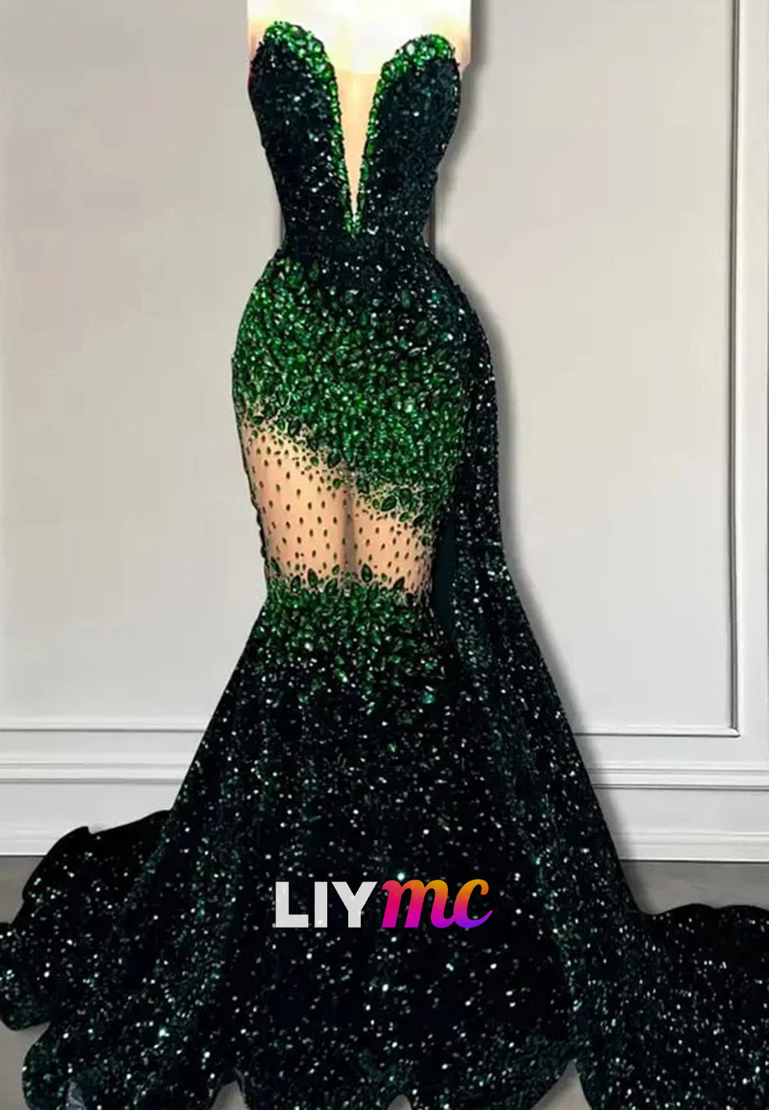 LP1440 - Drammatic Low V-Neck Sleeveless Beaded Sheer Sparkly Mermaid Prom Dress for Black Girls Slay