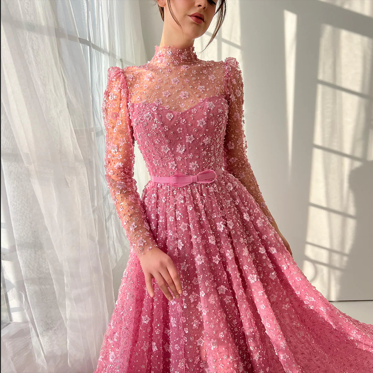 Romantic Pink 3D Floral Ruffled Evening Dress