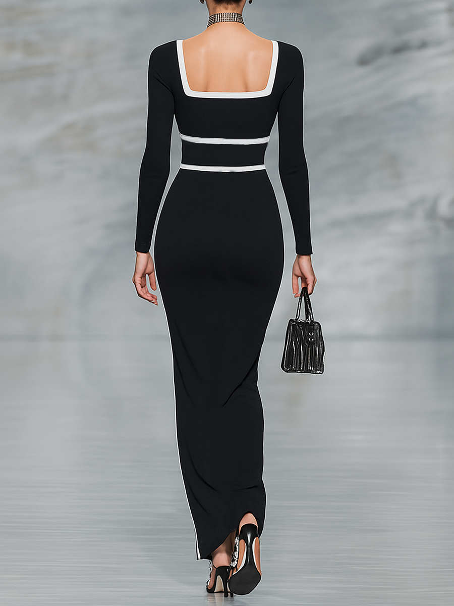Women's Black And White Trim Square Neck Long Sleeve Tight Maxi Dress