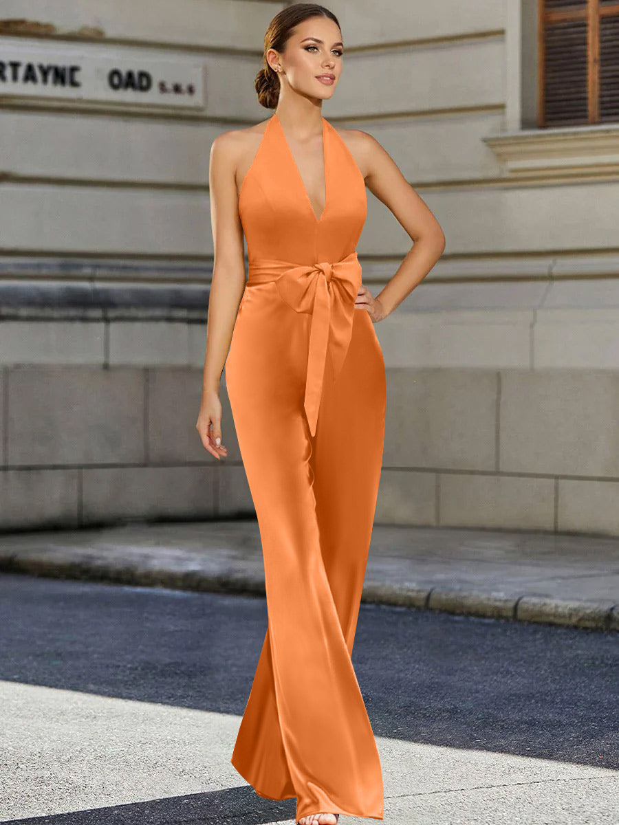 2 Piece V-Neck Sleeveless Floor Length Mother of the Bride Pantsuits with Bow Belt
