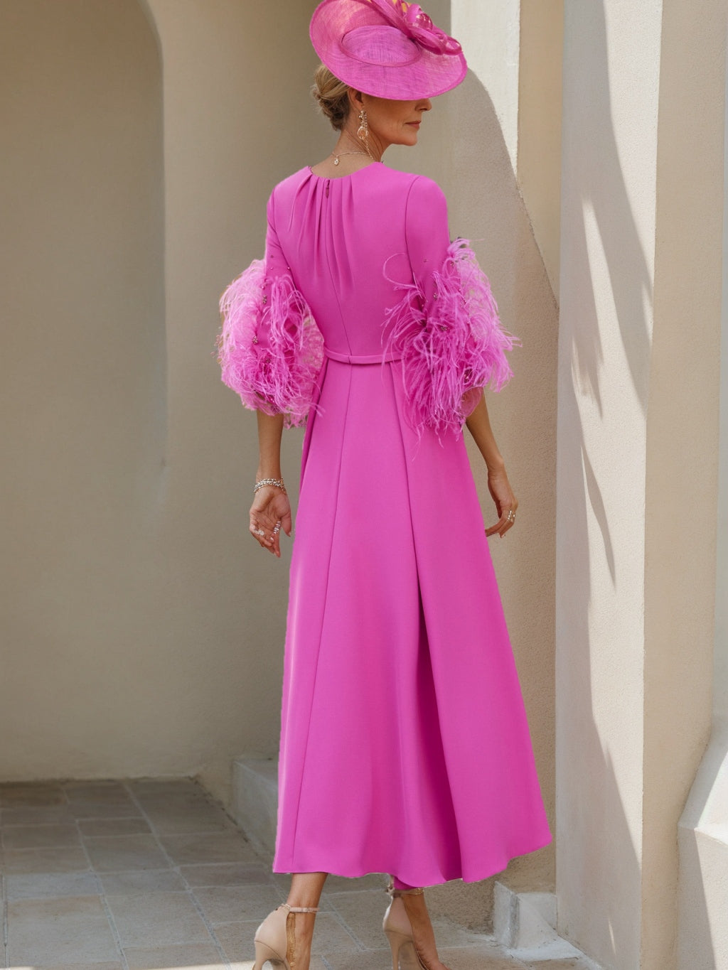 A-Line/Princess Scoop Half Sleeves Tea-Length Mother Of The Bride Dresses With Feathers