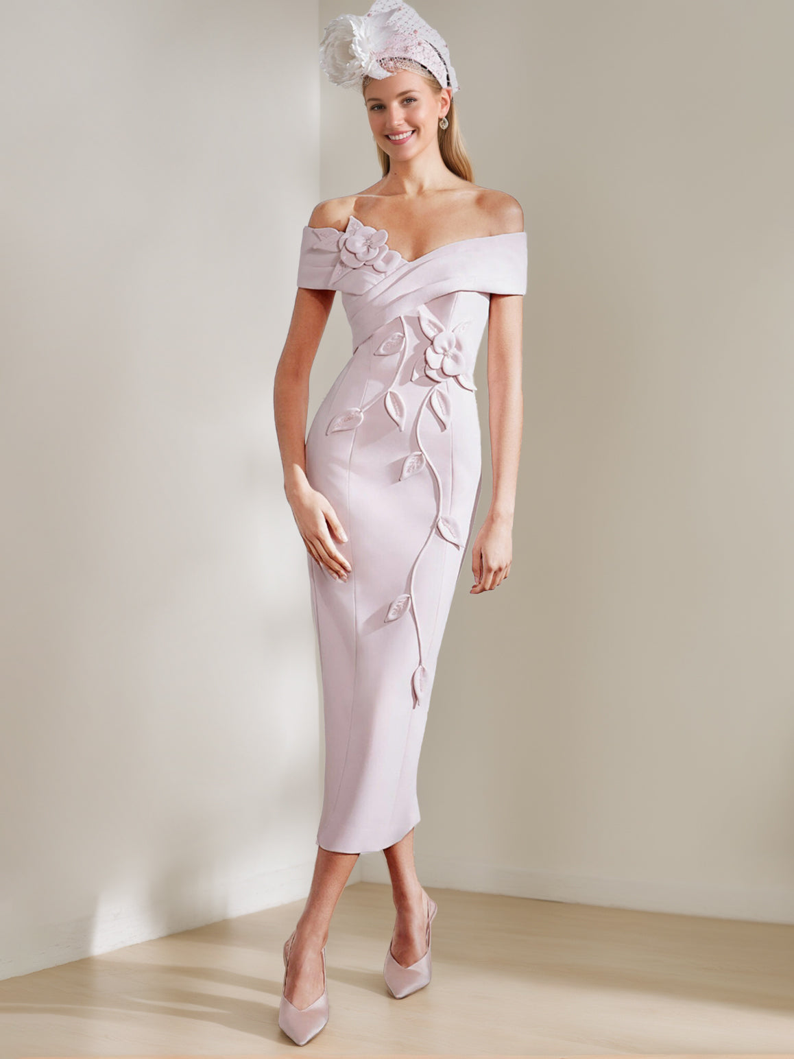 Sheath/Column Off-the-shoulder Tea-Length Mother of the Bride Dresses with 3D Flowers