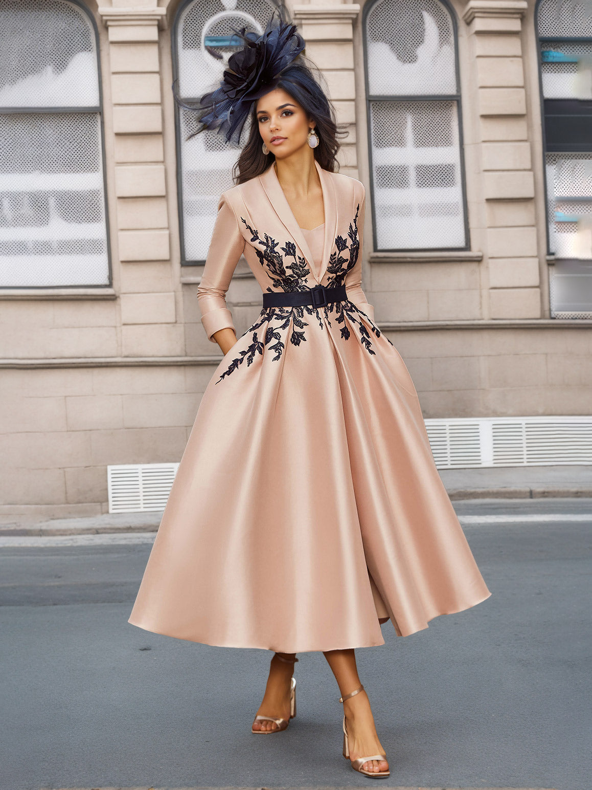 A-Line/Princess Plunge V-Neck 3/4 Sleeves Ankle-Length Pleated Mother of the Bride Dresses with Appliques & Belt