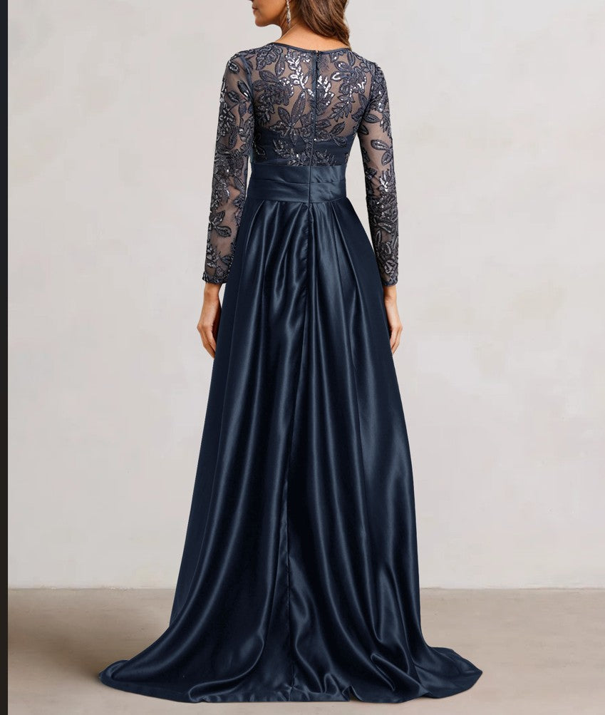 A-Line Scoop Satin Sequin Mother of the Bride Dresses Long Sleeves Floor-Length Wedding Guest with Split Side