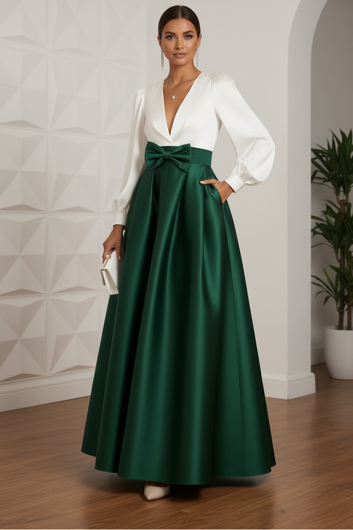 A-Line/Princess V-Neck Satin Mother of the Bride Dresses Long Sleeves Floor-Length with Belt
