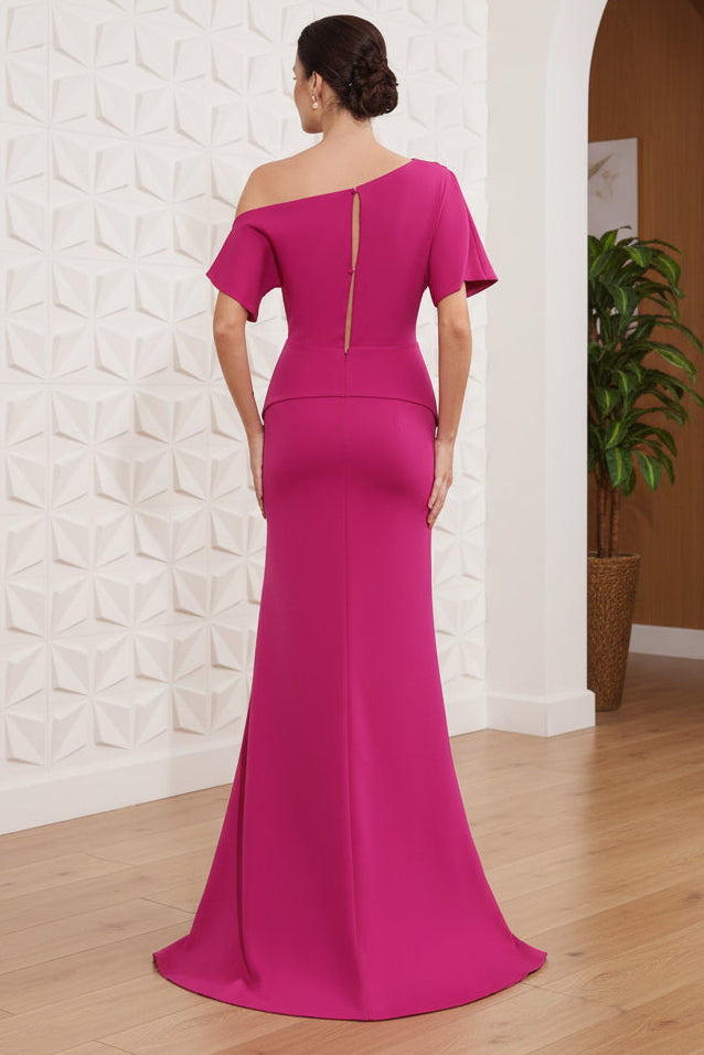 Trumpet/Mermaid One-Shoulder Stretch Satin Mother of the Bride Dresses Floor-Length Sweep Train Short Sleeves Split Side
