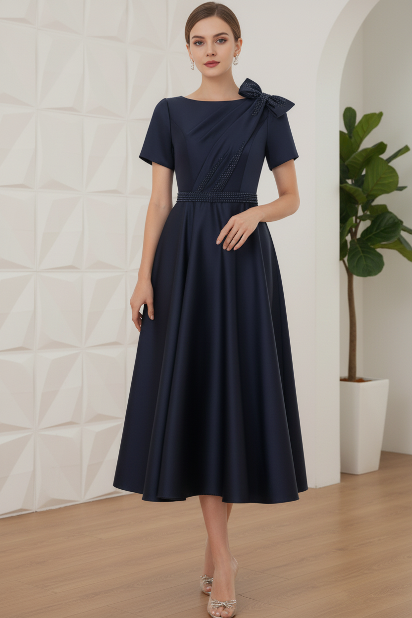 A-Line/Princess Scoop Satin Mother of the Bride Dresses Tea-Length Short Sleeves Beading Bowknot