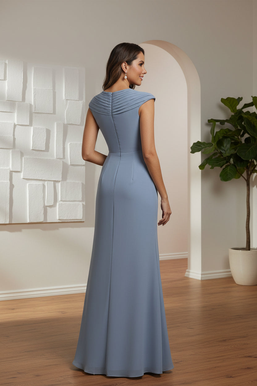 Sheath/Column V-Neck Chiffon Mother of the Bride Dresses with Spilt Side Floor-Length Ruched Sleeveless