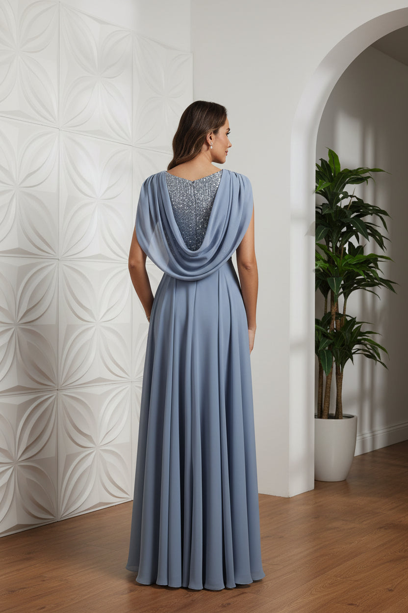 A-Line/Princess Cowl Neck Chiffon Mother of the Bride Dresses Floor-Length Sequins Sleeveless