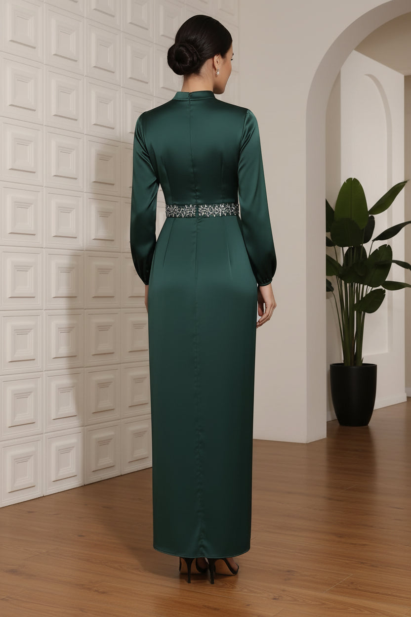 Sheath/Column High Neck Silk Satin Mother of the Bride Dresses Ankle-Length Belt Long Sleeves