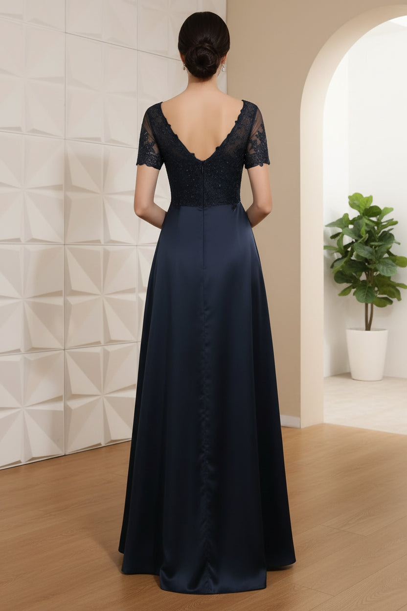 A-Line/Princess V-Neck Satin Mother of the Bride Dresses Short Sleeves Floor-Length Lace Sequins