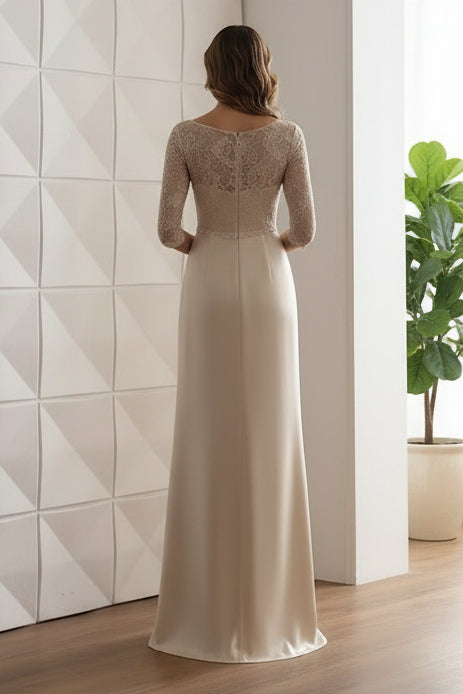 Sheath/Column Scoop Satin Mother of the Bride Dresses 3/4 Sleeves Floor-Length Lace Ruffles