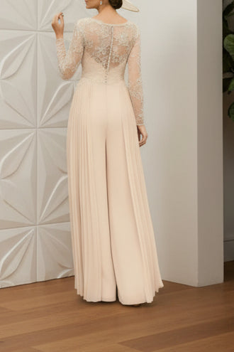 Chiffon V-Neck Floor-Length Mother of the Bride Jumpsuits Lace Long Sleeves