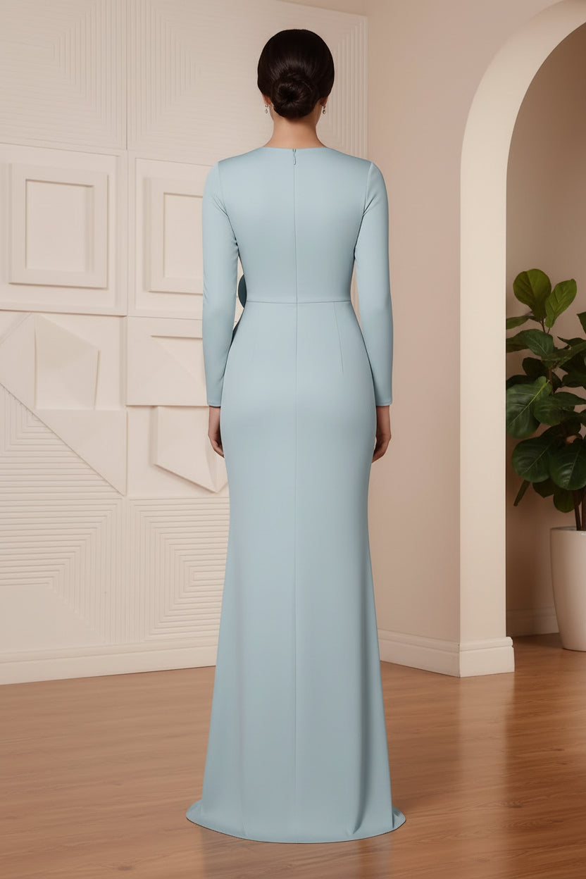 Trumpet/Mermaid V-Neck Stretch Satin Mother of the Bride Dresses with Split Side Floor-Length Long Sleeves Sash 3D Flower Ruched