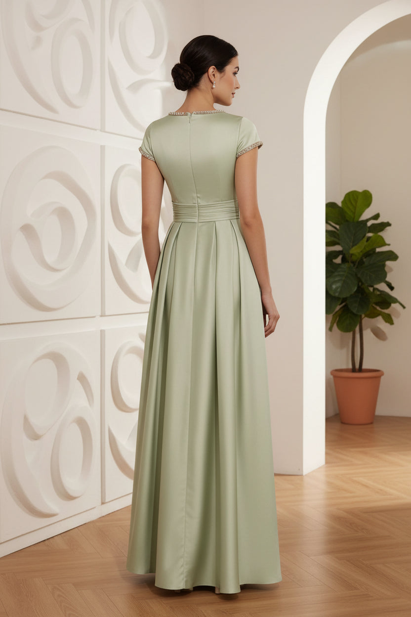 A-Line/Princess Silk Satin Jewel Neck Mother ofthe Bride Dresses Floor Length Short Sleeves Rhinestone