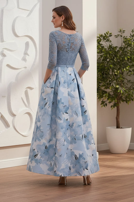 A-Line/Princess Scoop Satin Mother of the Bride Dresses Lace Ankle-Length Half Sleeves Printed Flower