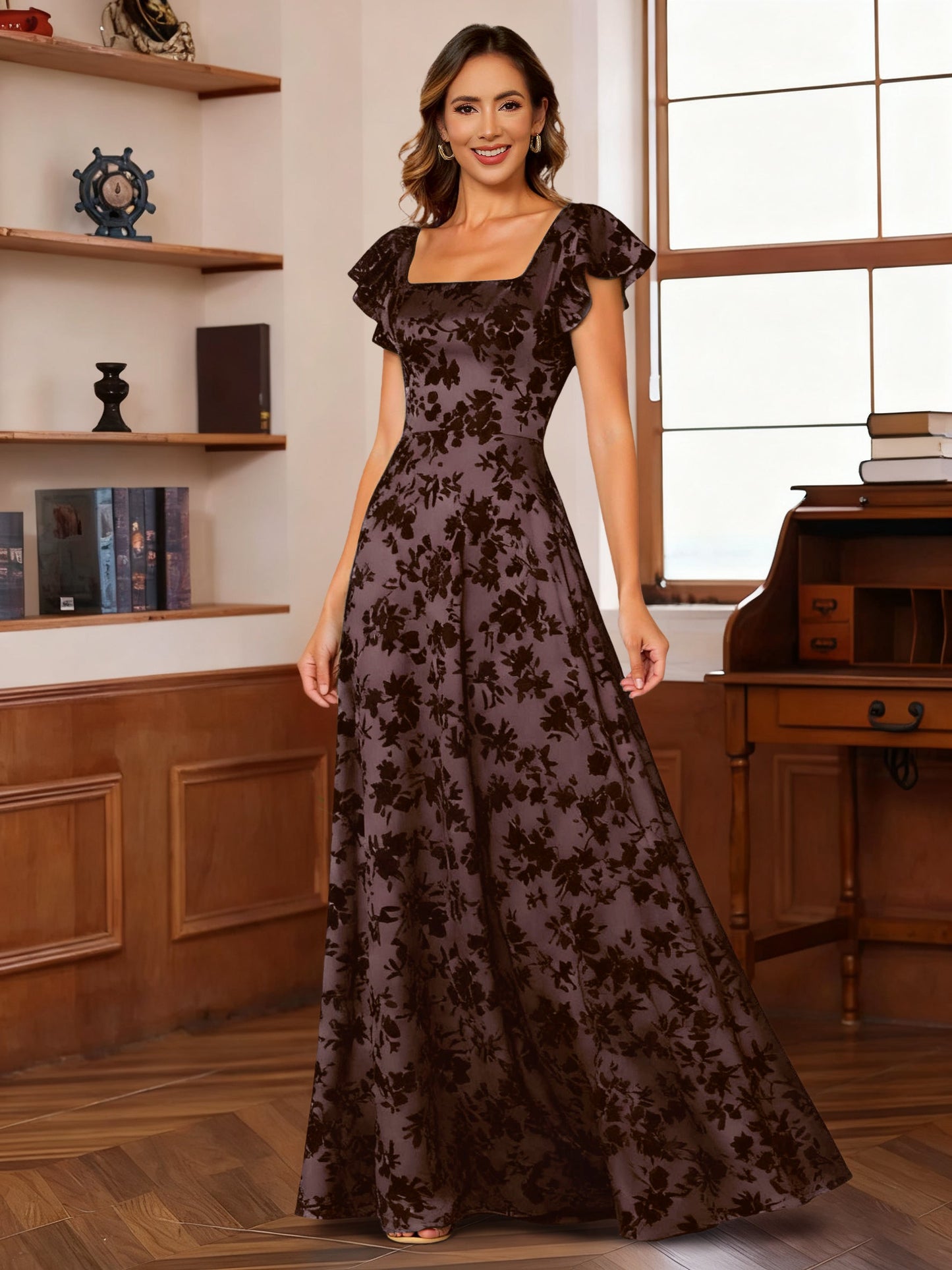 A-Line/Princess Square Collar Wedding Guest Dresses Short Sleeves Floor-Length with Ruffles