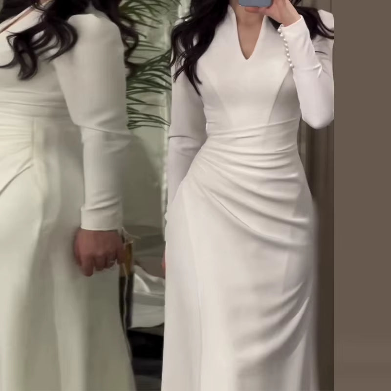 V-Neck Long Sleeves Pleated A-Line Wedding Dress