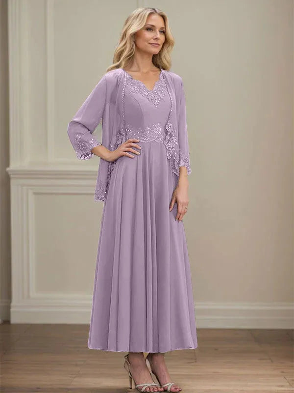 A-line V-Neck Ankle-Length Chiffon Mother of the Bride Dress With Sequins Appliques Lace Beading