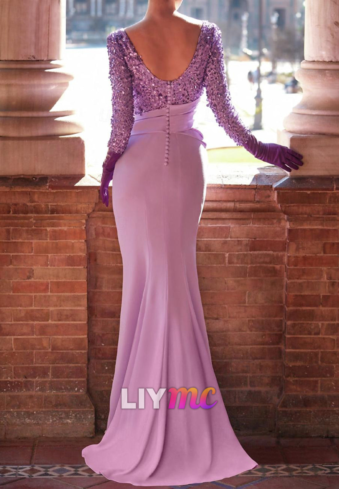 Mermaid Sequin Evening Gown Elegant Dress Formal Wedding Reception Floor Length Long Sleeve Jewel Neck with Bow