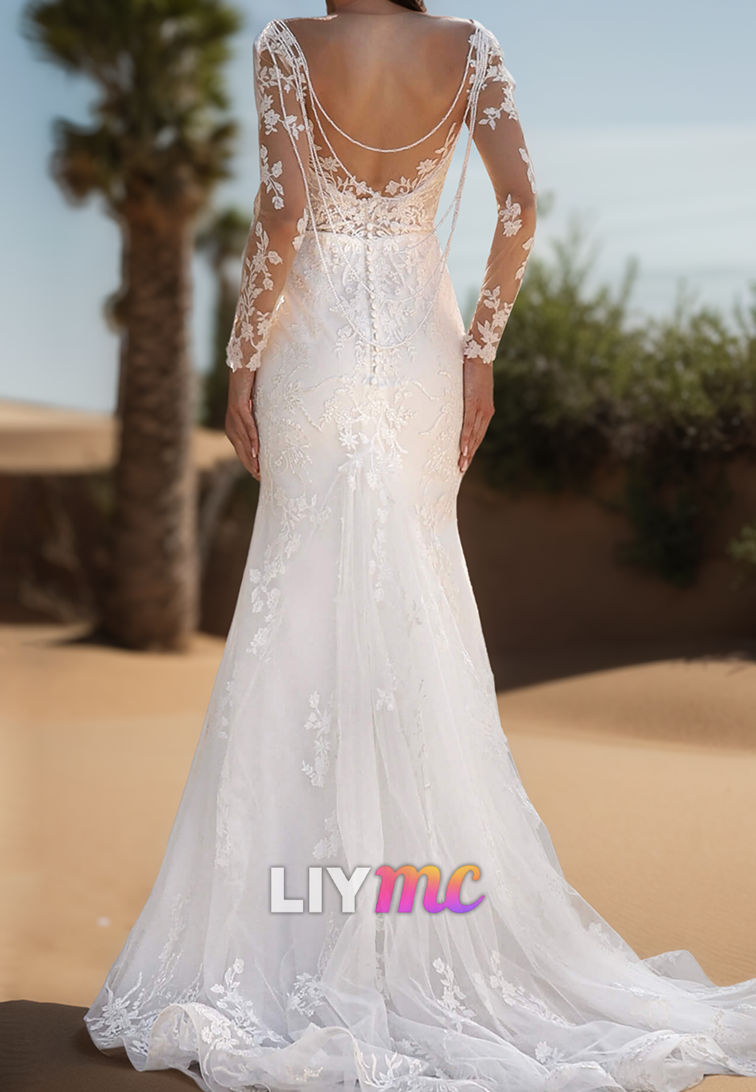 Mermaid V-Neck Long Sleeves Floral Appliques Wedding Dress