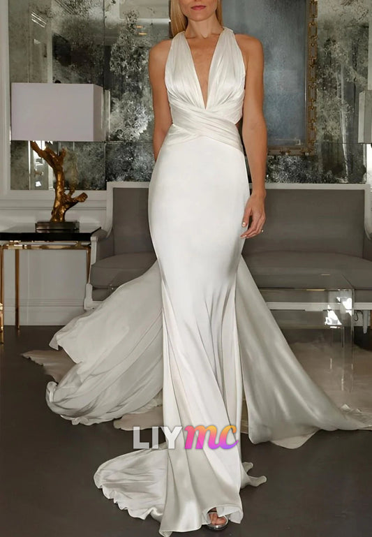 Mermaid V-Neck Sleeveless Sweep Train Silk Like Satin Wedding Dresses