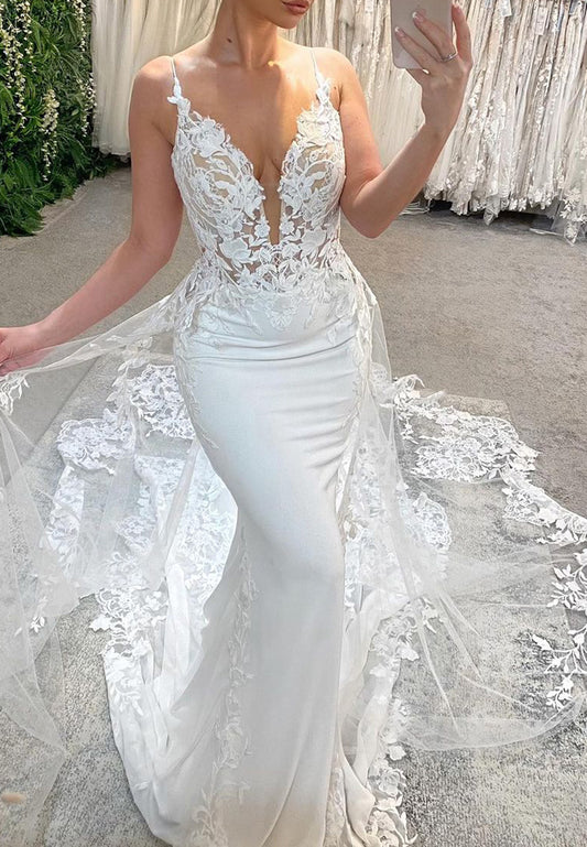 V-Neck Sleeveless Appliques Mermaid Wedding Dress