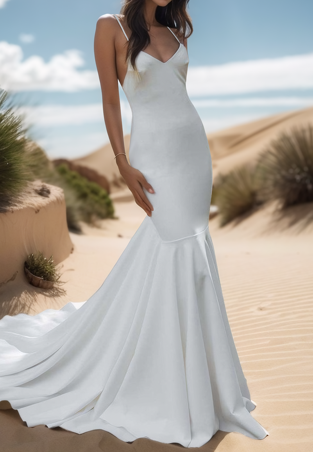 Mermaid V-Neck Spaghetti Straps Pleated Beach Wedding Dress