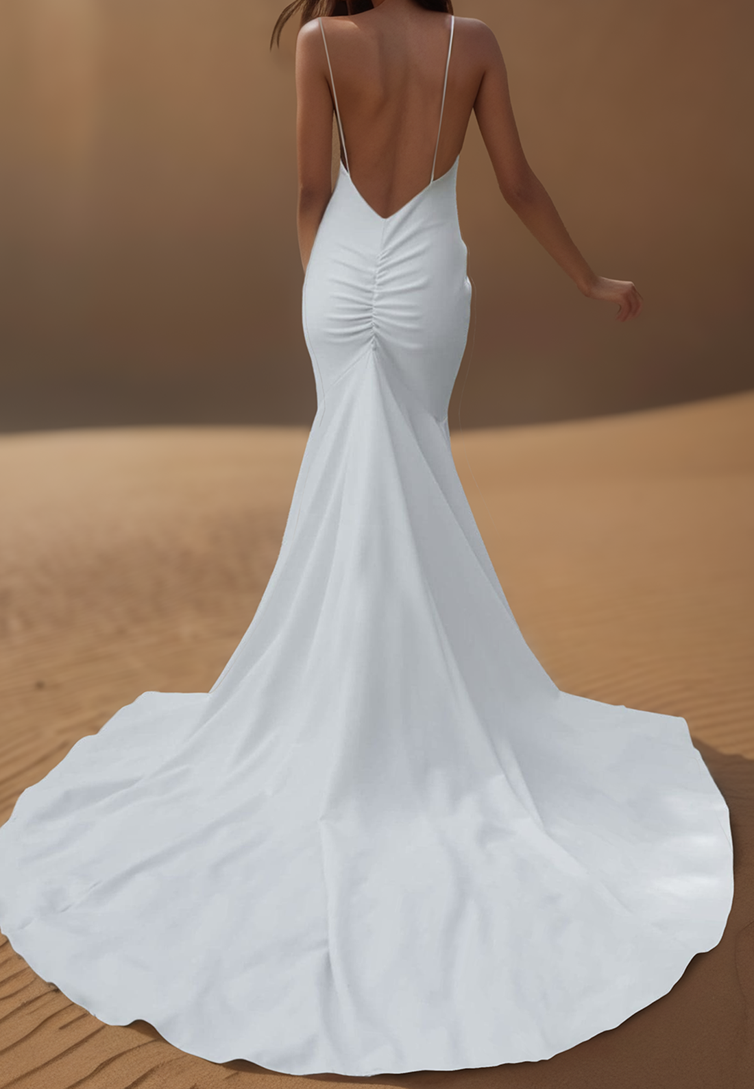 Mermaid V-Neck Spaghetti Straps Pleated Beach Wedding Dress