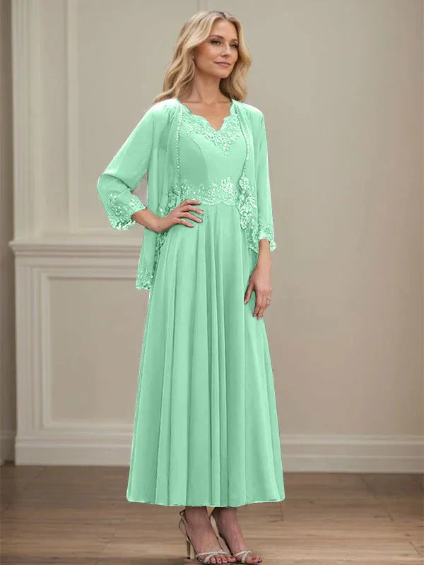A-line V-Neck Ankle-Length Chiffon Mother of the Bride Dress With Sequins Appliques Lace Beading