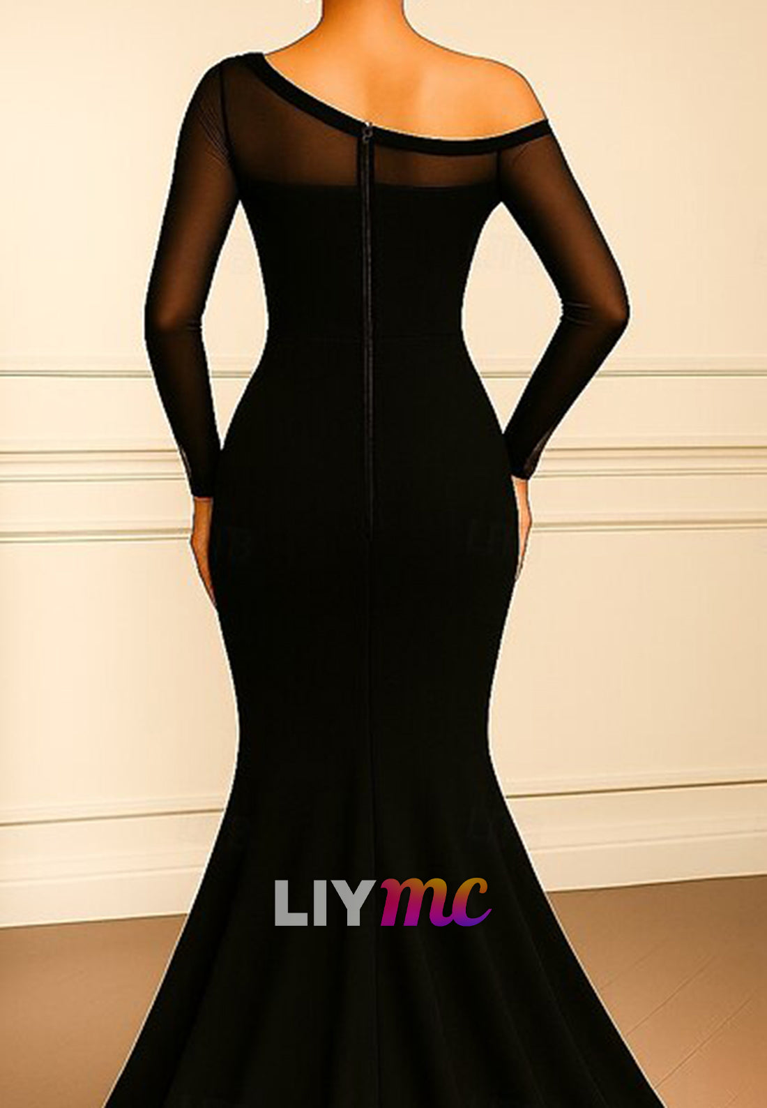 Mother of Bride Dress One Shoulder Long Sleeves Ruffles Evening Dress