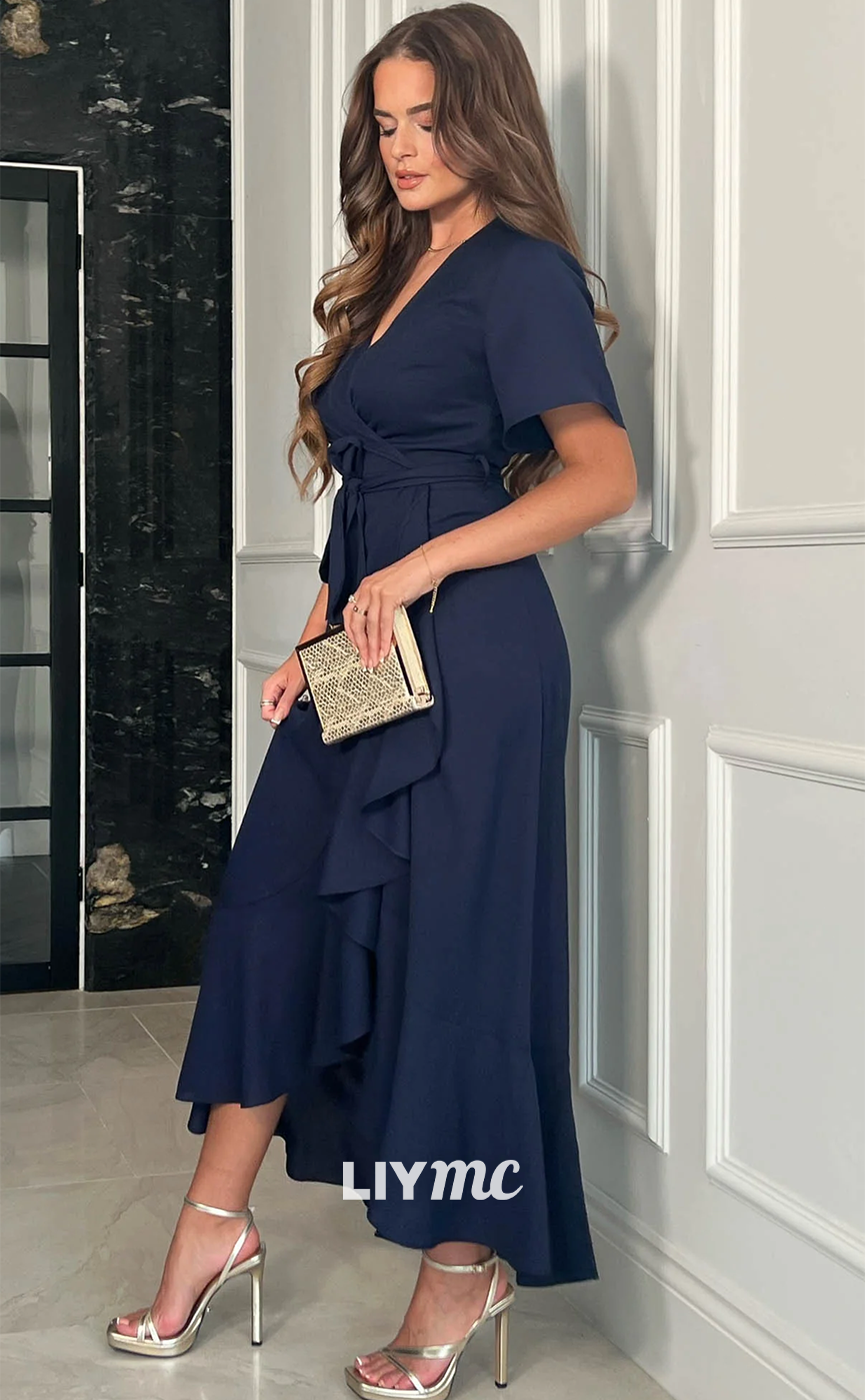 M1095 - Mother of Bride V-Neck Short Sleeves Ruffled A-Line Dress