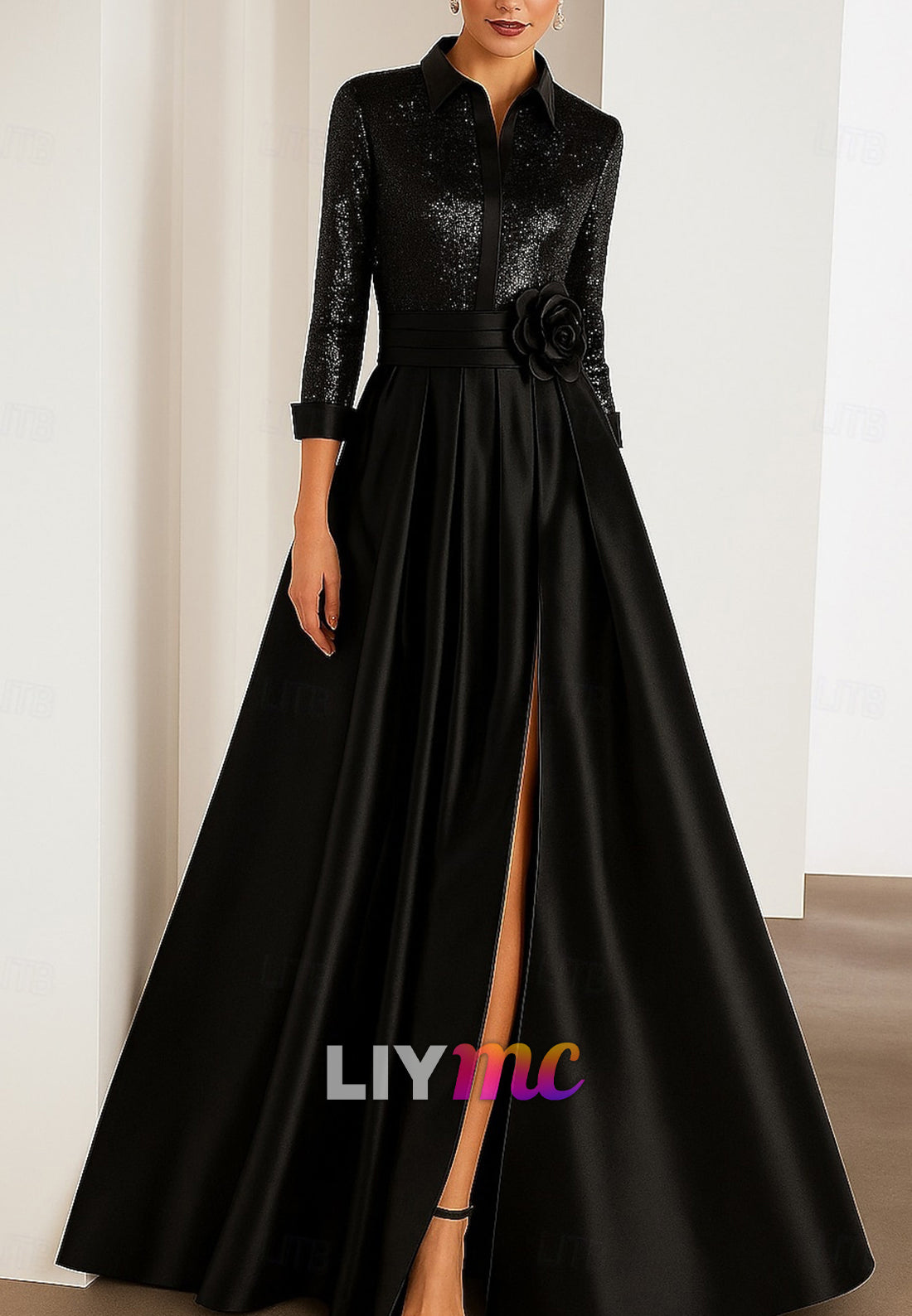 Mother of the Bride A-Line Evening Gown Elegant Dress Formal Wedding Floor Length Long Sleeve Shirt Collar Capes