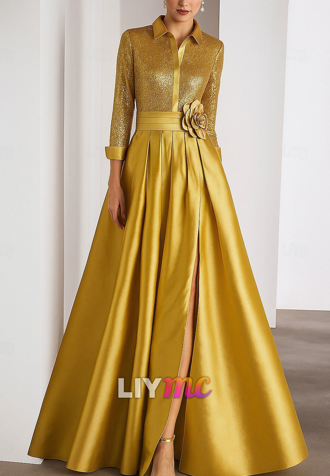 Mother of the Bride A-Line Evening Gown Elegant Dress Formal Wedding Floor Length Long Sleeve Shirt Collar Capes